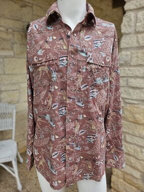 Western Aloha Hawaiian Pearl Snap Long Sleeve Shirt Fisherman Tan Brown Size XL